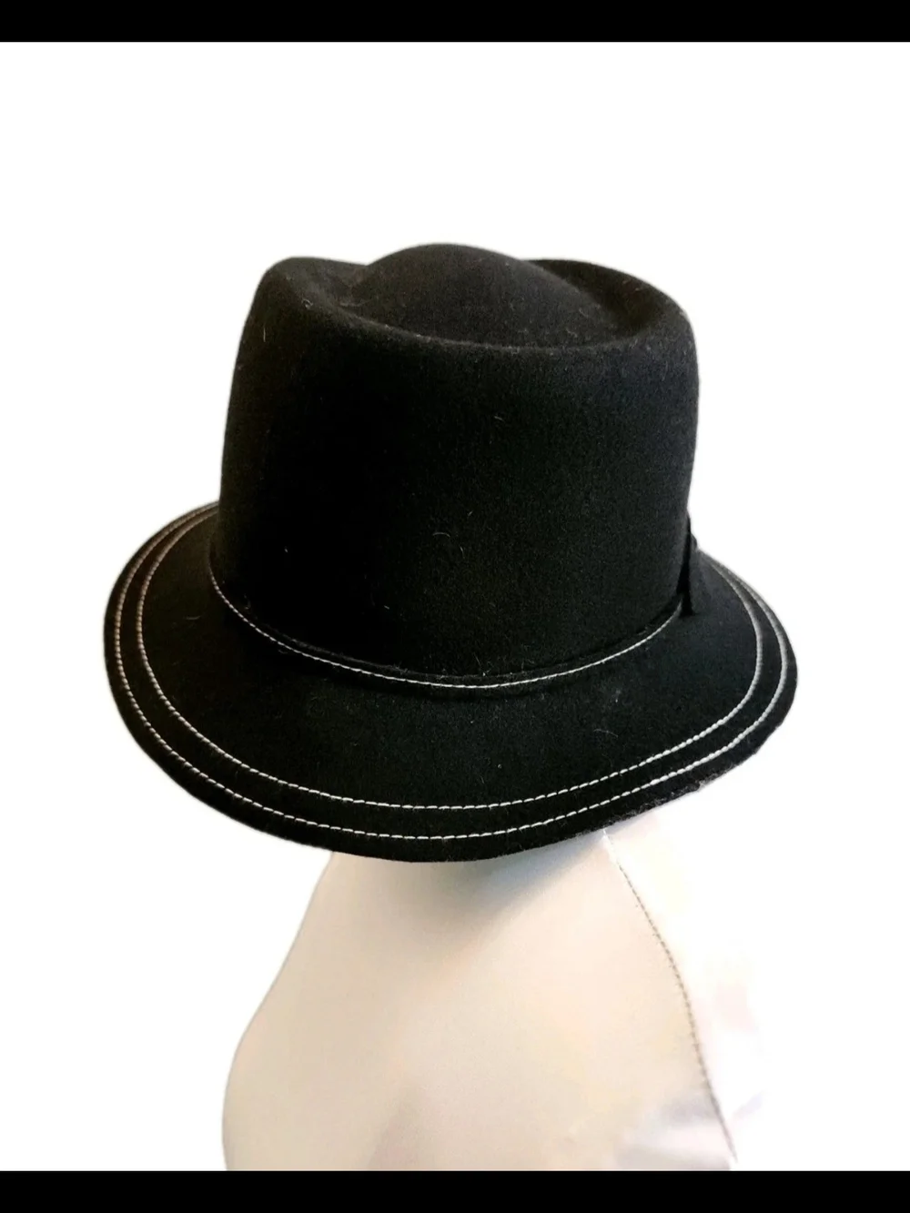 Vtg Betmar New York Black Wool Fedora Hat Contrast Stitching Narrow Brim S